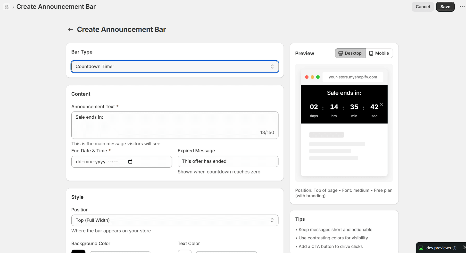 Countdown Timers configuration