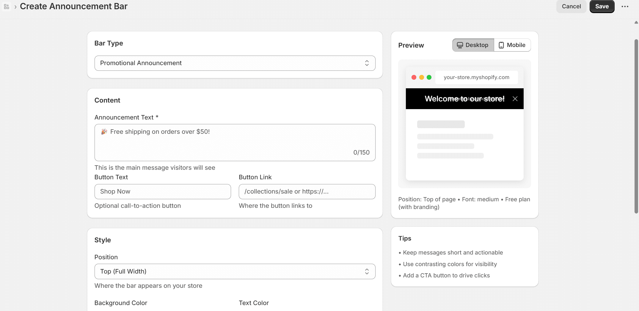 Creating announcement bar content