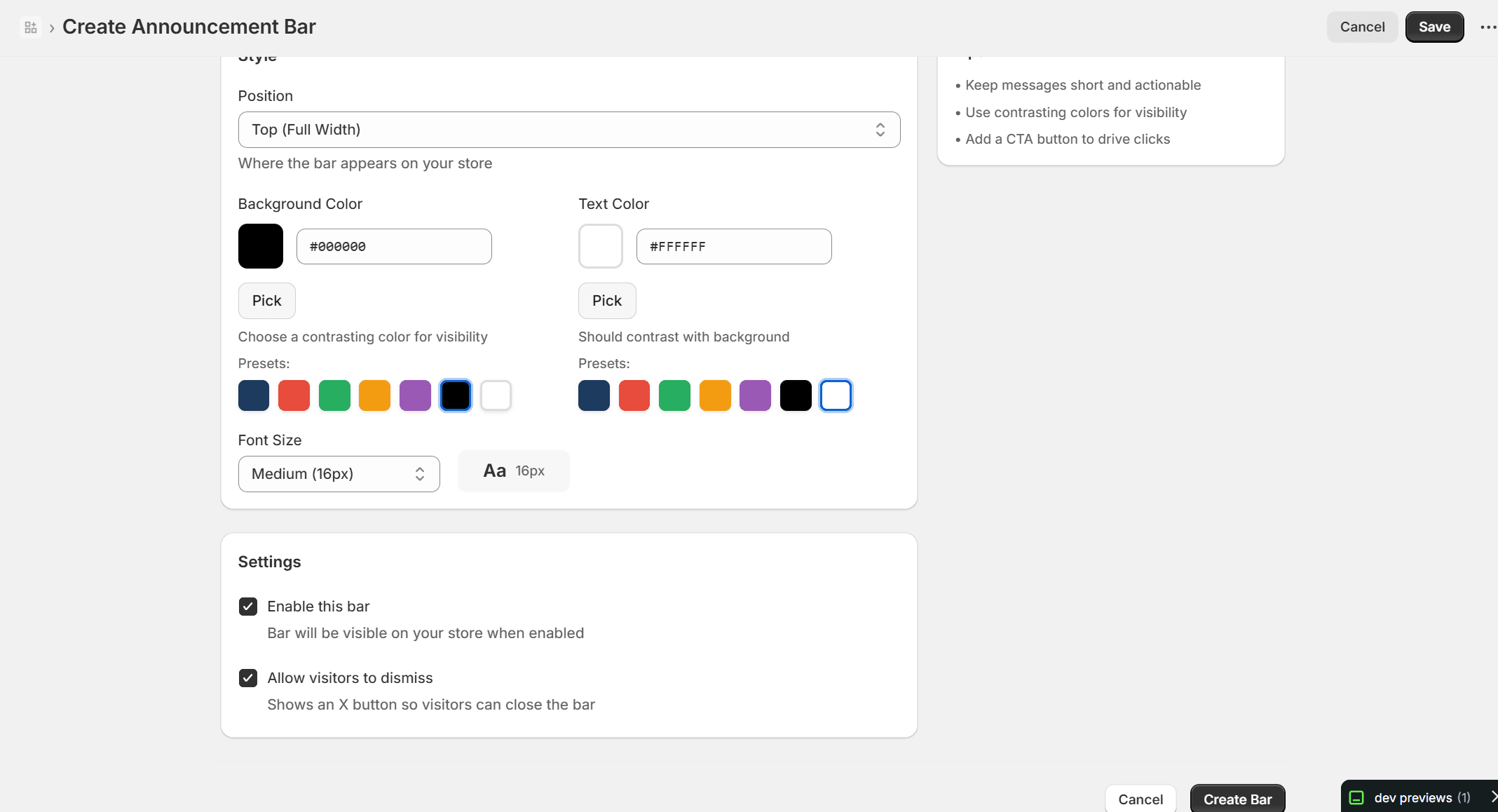 Customizing announcement bar style