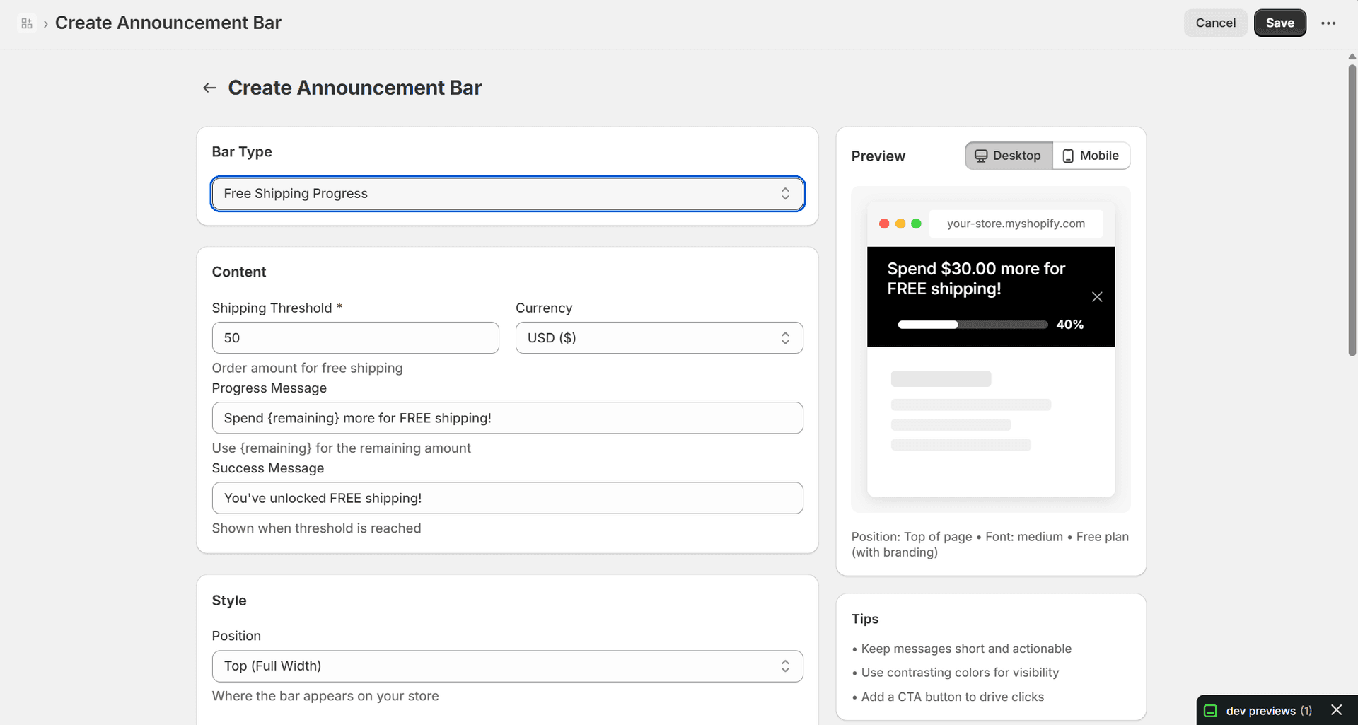 Free Shipping Progress configuration